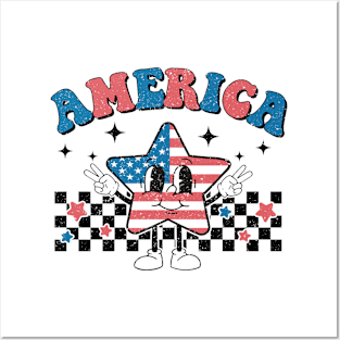Retro Groovy America 4th of July USA Flag Men Women Kids Posters and Art